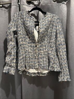 DKNY Blue and Cream Tweed Peplum Jacket